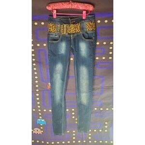 Blue Denim Skinny Cheetah Print Belt Size EU 36 Cotton Blend Jeans